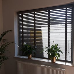 IJM OKNA - Ciemnoszare żaluzje poziome w oknie, częściowo podniesione, z dwoma doniczkami z zielonymi roślinami na parapecie, widoczny grzejnik pod oknem.