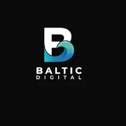 Logo firmy Baltic Digital: biała litera B z gradientem niebieskiej fali na czarnym tle.