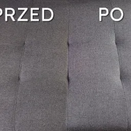 Szara tapicerka sofy z widoczną różnicą w czystości: po lewej stronie zabrudzona, oznaczona jako 'PRZED', po prawej stronie wyczyszczona, oznaczona jako 'PO'.