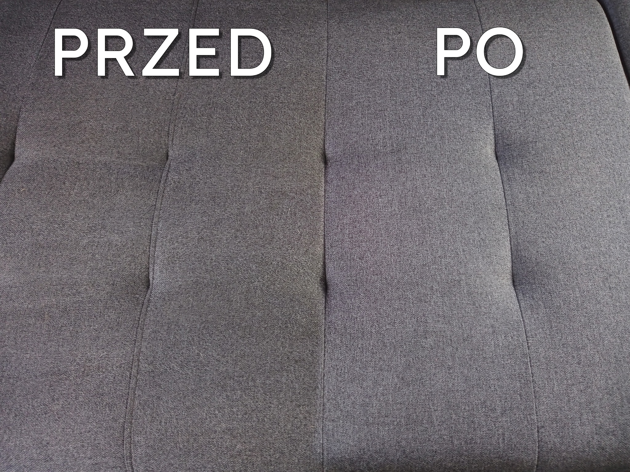 Szara tapicerka sofy z widoczną różnicą w czystości: po lewej stronie zabrudzona, oznaczona jako 'PRZED', po prawej stronie wyczyszczona, oznaczona jako 'PO'.