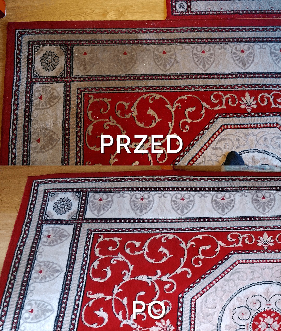 Dywan z czerwonym wzorem, widok z góry, porównanie stanu przed i po czyszczeniu, z widocznym napisem 'PRZED' na brudniejszej części i 'PO' na czystej.