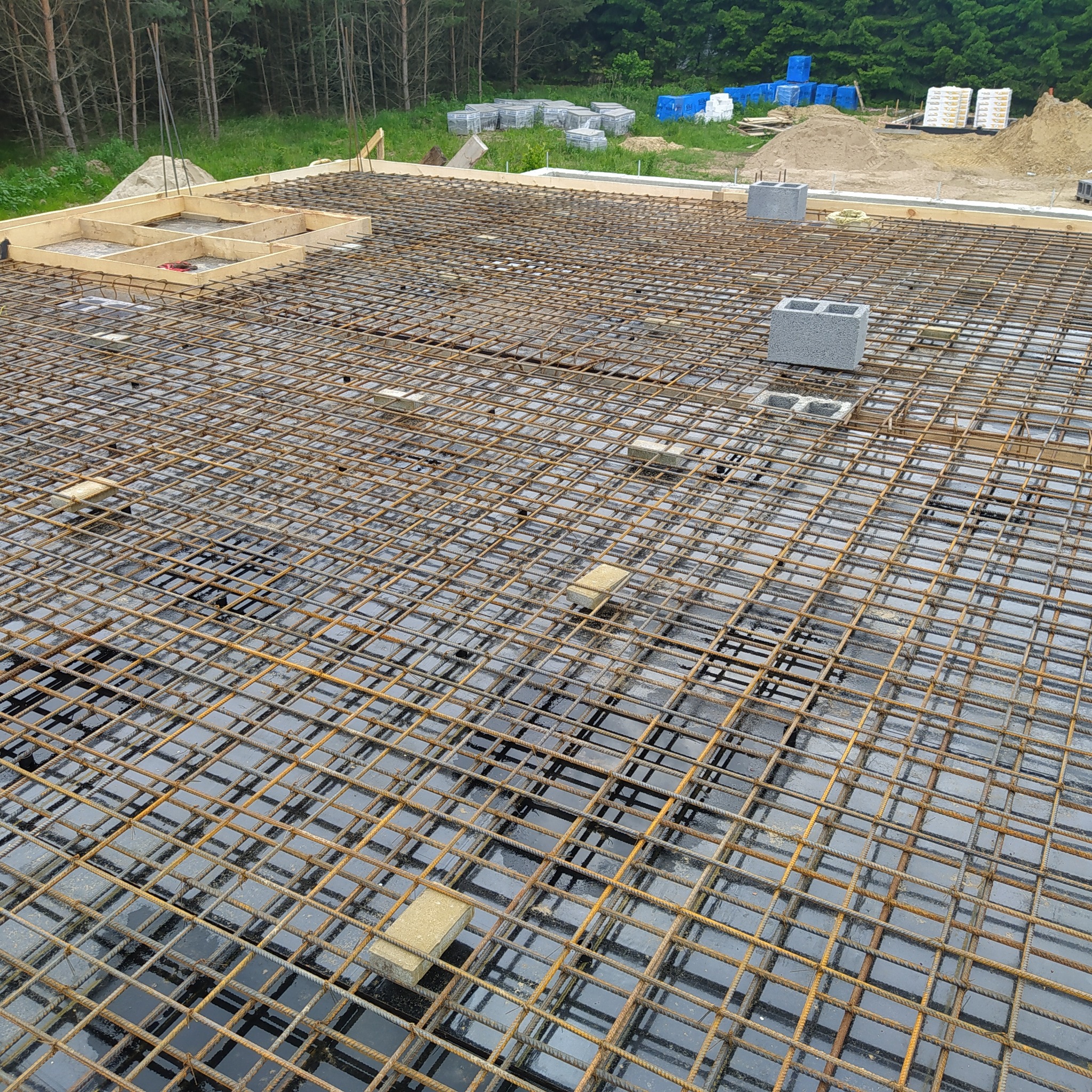 Zbrojenie płyty fundamentowej z siatki stalowej na czarnej hydroizolacji, z drewnianymi szalunkami i betonowymi bloczkami dystansowymi, w tle drzewa i materiały budowlane.