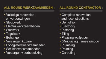 Tekst z listą usług remontowych w języku niderlandzkim i angielskim. Po lewej stronie kolumna z tytułem 'ALL ROUND WERKZAAMHEDEN' i listą punktów, po prawej 'ALL ROUND CONTRACTOR' z tłumaczeniem.