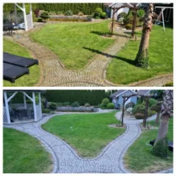 Porównanie stanu kostki brukowej przed i po czyszczeniu na ścieżce ogrodowej prowadzącej do oczka wodnego i altany, widoczne różnice w kolorze i czystości.