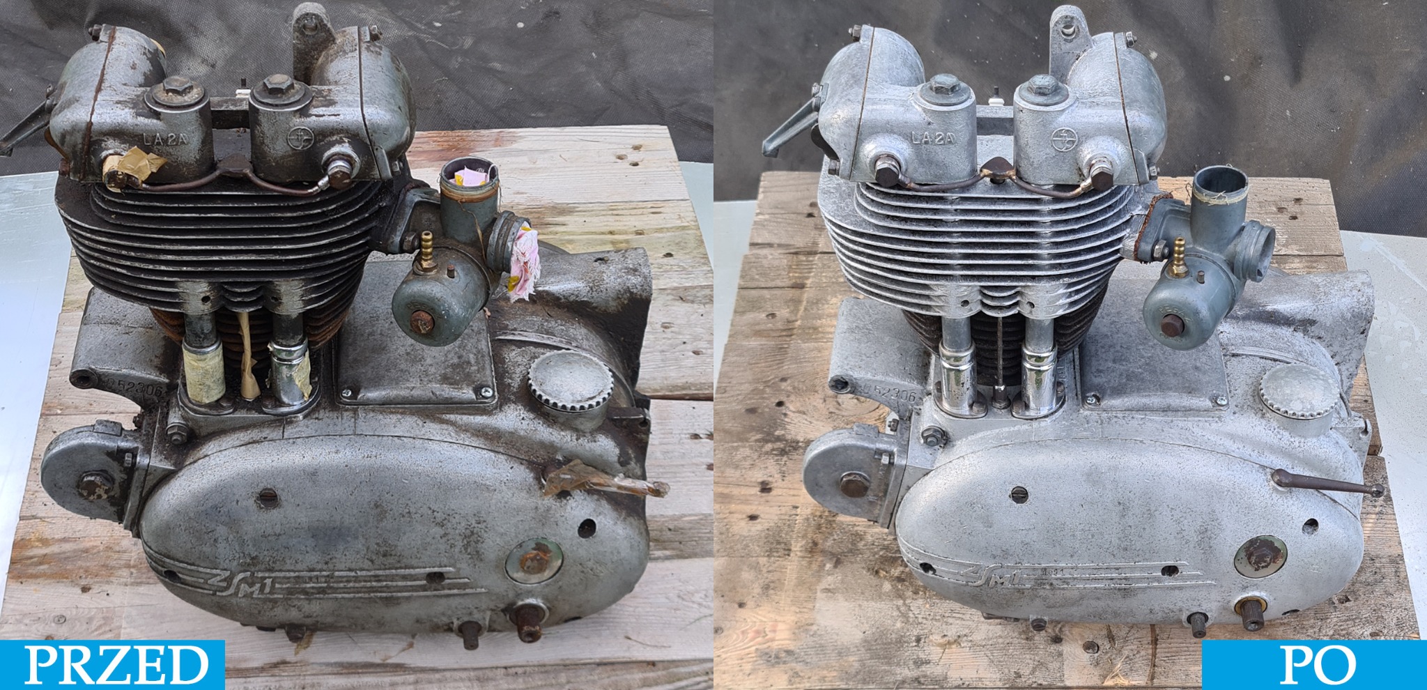 Silnik motocyklowy przed i po odnowieniu, widoczne różnice w czystości i połysku elementów metalowych, usunięte zabrudzenia i korozja, odświeżony wygląd.