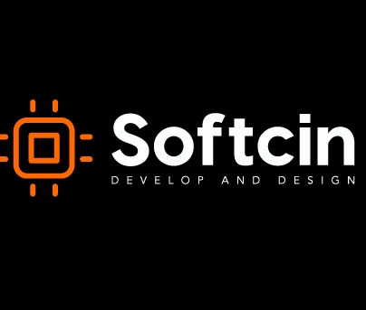 Logo firmy Softcin z hasłem 'Develop and Design' na czarnym tle. Po lewej stronie symbolizuje układ scalony w kolorze pomarańczowym.