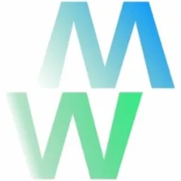 Stylizowane logo firmy, gradientowe litery M i W, g&oacute;rna część niebiesko-zielona, dolna zielona, na białym tle.