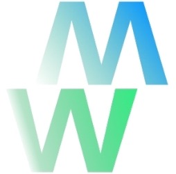 Stylizowane logo firmy, gradientowe litery M i W, górna część niebiesko-zielona, dolna zielona, na białym tle.
