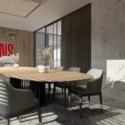 Wizualizacja nowoczesnej sali konferencyjnej z dużym owalnym stołem z drewnianym blatem, szarymi krzesłami, roślinami doniczkowymi i ścianą z efektem betonu architektonicznego, oświetlonej...