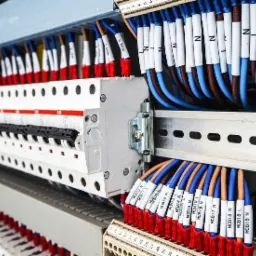 Rozdzielnica elektryczna z bezpiecznikami i okablowaniem oznaczonym etykietami, widok z bliska na instalację w szarej obudowie.