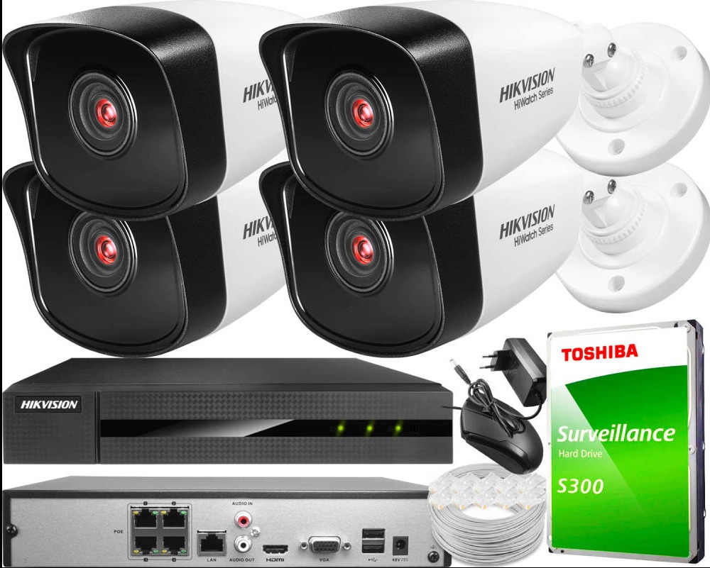 Zestaw do monitoringu Hikvision HiWatch Series: cztery kamery, rejestrator, dysk Toshiba Surveillance, zasilacz i akcesoria. Widok z bliska, prezentacja sprzętu.
