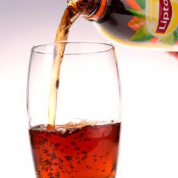 Nalewanie mrożonej herbaty Lipton z butelki do szklanki, widoczne bąbelki w napoju i etykieta butelki z logo.