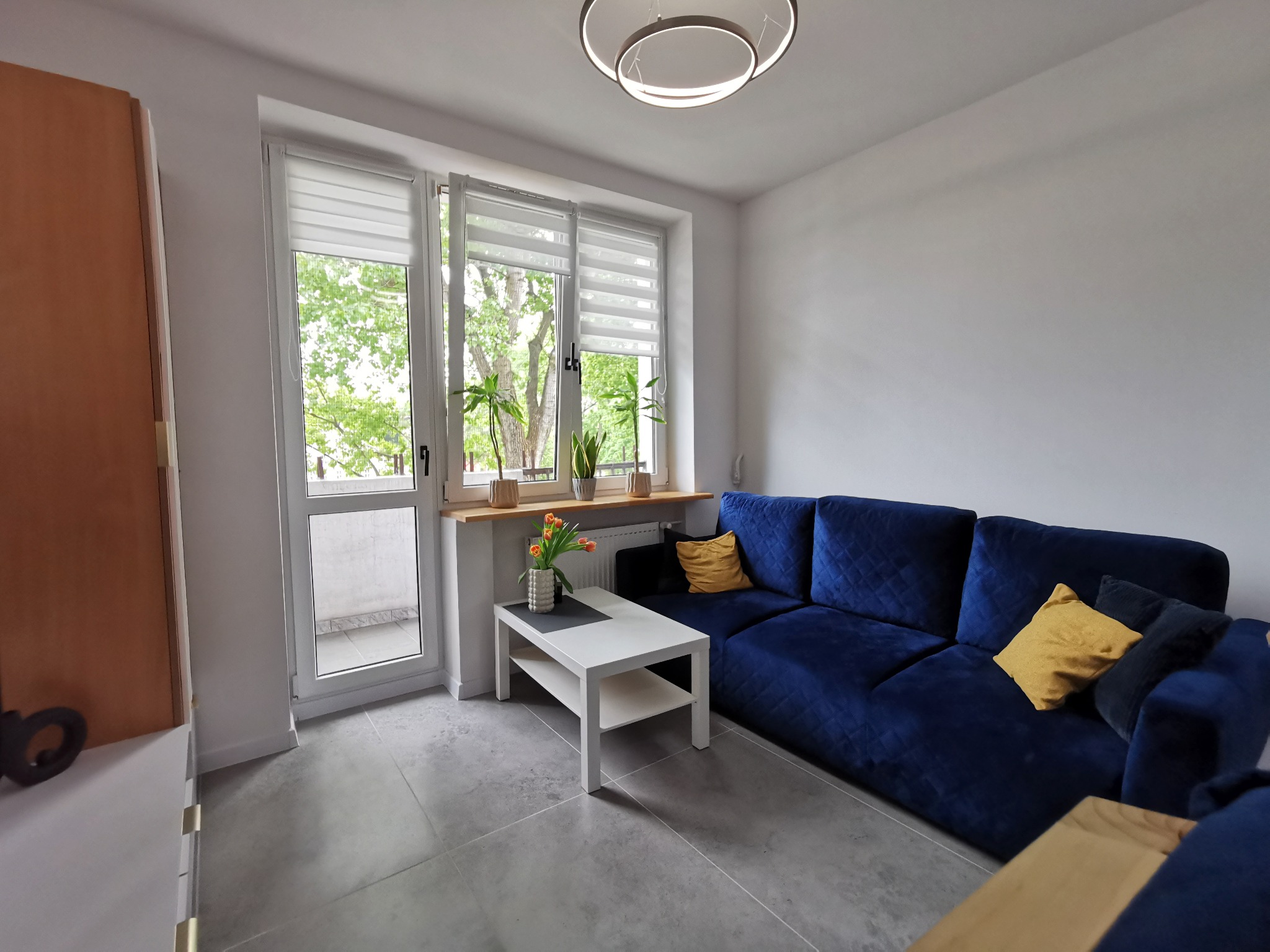 Nowoczesny salon z granatową sofą, białym stolikiem i dużym oknem z roletami dzień-noc. Na parapecie doniczki z roślinami. Minimalistyczna lampa sufitowa.