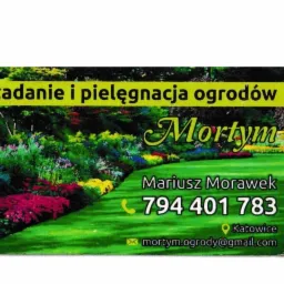 Wizytówka firmy ogrodniczej z Katowic, oferującej zakładanie i pielęgnację ogrodów, z ilustracją bujnej zieleni i kolorowych kwiatów oraz danymi kontaktowymi.