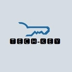 Logo firmy Tech-Key z symbolem klucza w kolorze niebieskim nad nazwą, na jasnoszarym tle.