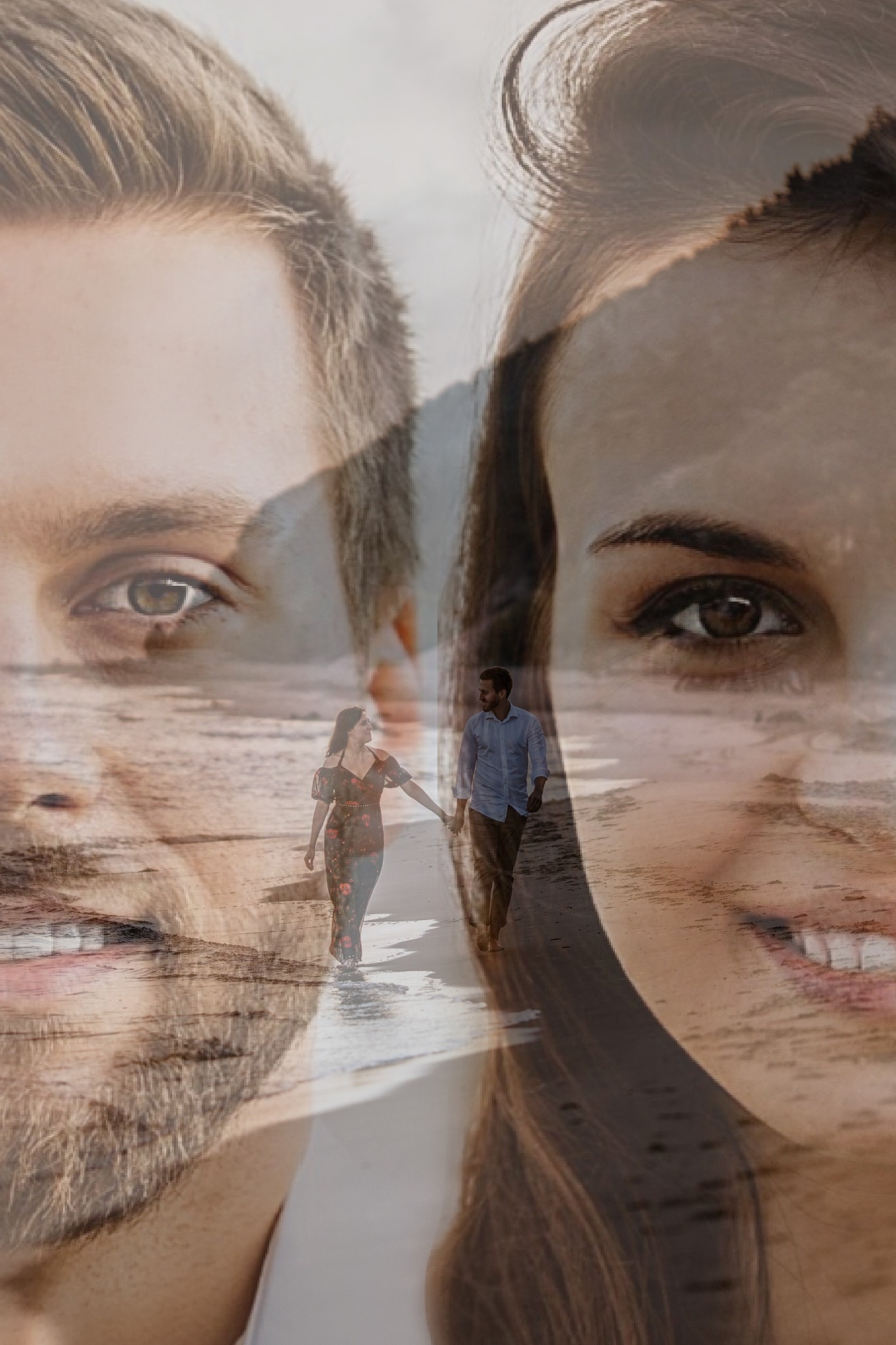 Podwójna ekspozycja: para trzymająca się za ręce spaceruje brzegiem morza, nałożona na portrety kobiety i mężczyzny z bliska.
