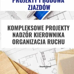 Rzuty architektoniczne, próbki paneli podłogowych i płytek, z nakładającymi się tekstami reklamowymi dotyczącymi projektów i budowy zjazdów, kompleksowych projektów, nadzoru kierownika...
