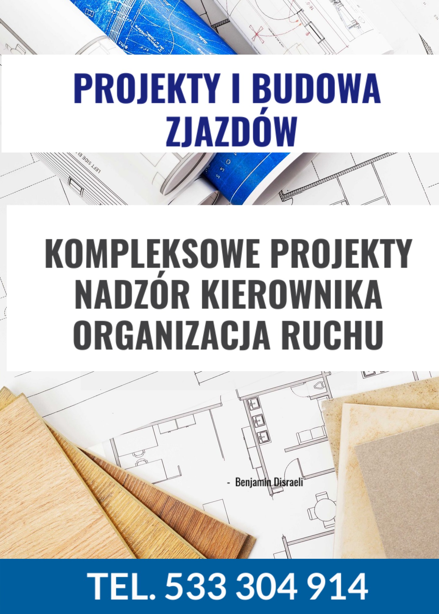 Rzuty architektoniczne, próbki paneli podłogowych i płytek, z nakładającymi się tekstami reklamowymi dotyczącymi projektów i budowy zjazdów, kompleksowych projektów, nadzoru kierownika...