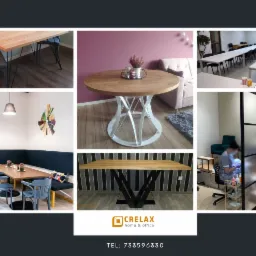 Kompozycja zdjęć przedstawiająca różnorodne stoły: prostokątny z metalowymi nogami, okrągły z białą, dekoracyjną podstawą, stół z czarnymi nogami w kształcie litery V, oraz aranżacje wnętrz...