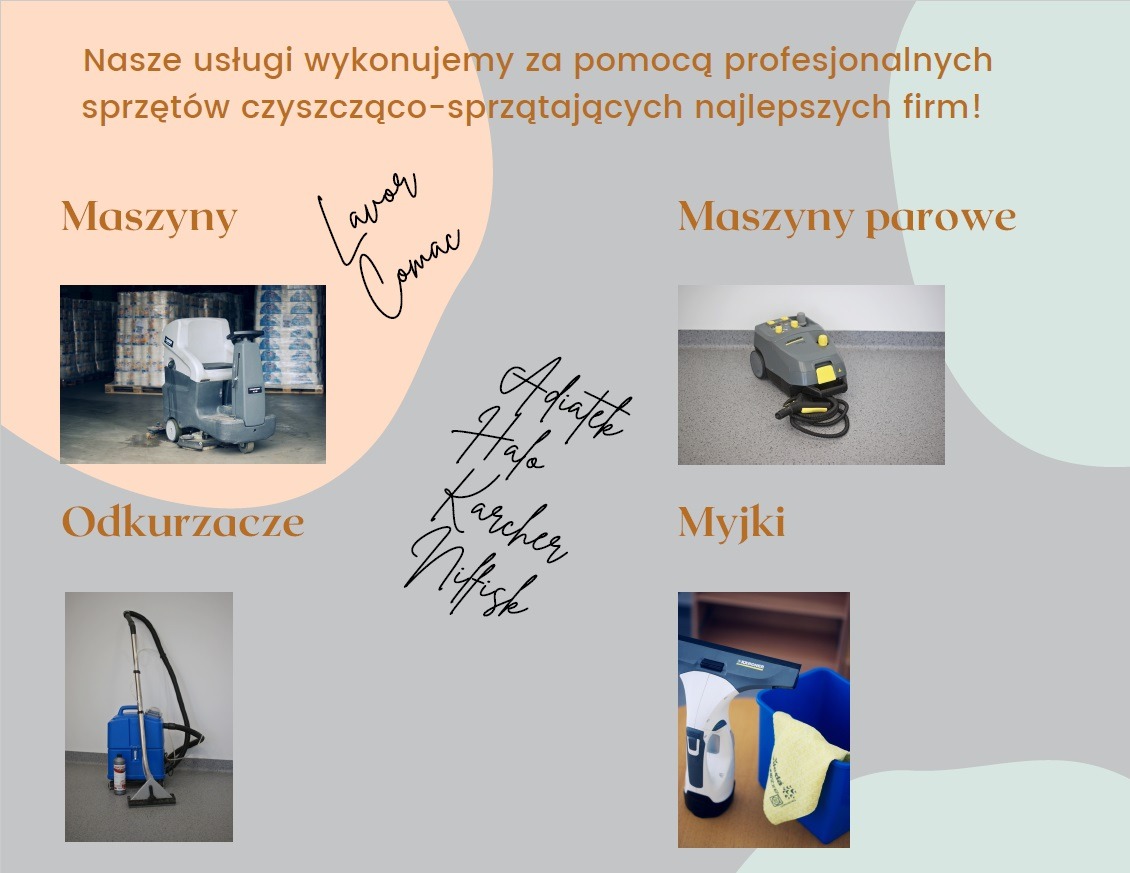 Profesjonalny sprzęt czyszczący: maszyna do mycia podłóg, parownica, odkurzacz z pojemnikiem na wodę, myjka do okien w wiadrze, logotypy producentów.