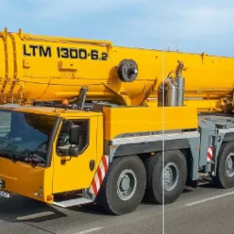 Żółty, teleskopowy dźwig samojezdny Liebherr LTM 1300-6.2 na drodze, widok z boku, z częściowo wysuniętym ramieniem.