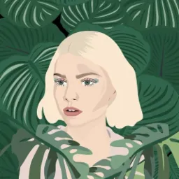 Ilustracja wektorowa przedstawiająca portret kobiety o blond włosach na tle tropikalnych liści.