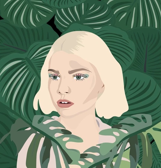 Ilustracja wektorowa przedstawiająca portret kobiety o blond włosach na tle tropikalnych liści.