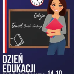 Ilustracja Dnia Edukacji Narodowej: uśmiechnięta nauczycielka z książkami na tle tablicy szkolnej z napisem 'Lekcja' i 'Temat: Święto edukacji', zegar na ścianie, całość w kolorystyce...