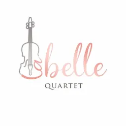 Eleganckie logo kwartetu smyczkowego 'Belle Quartet' z konturem skrzypiec i kaligraficznym napisem w odcieniach różu.