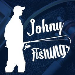 Krzysztof Polanowski grafika / WEB - Grafika z sylwetką wędkarza, napisem 'Johny Fishing', wędką, kołowrotkiem i siatką na ryby, utrzymana w ciemnoniebieskiej kolorystyce.