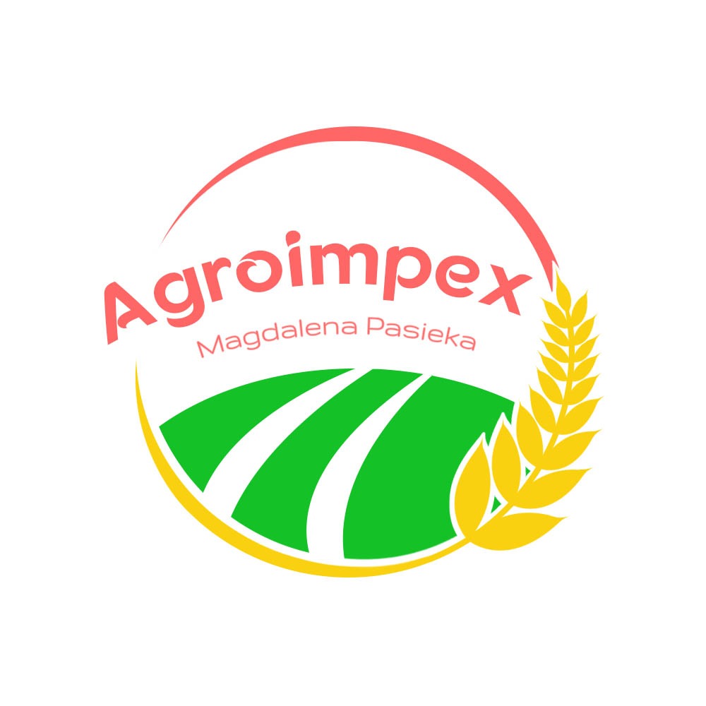 Logo firmy Agroimpex Magdalena Pasieka z stylizowanym polem, kłosem zboża i półokręgami w kolorach czerwonym i żółtym.