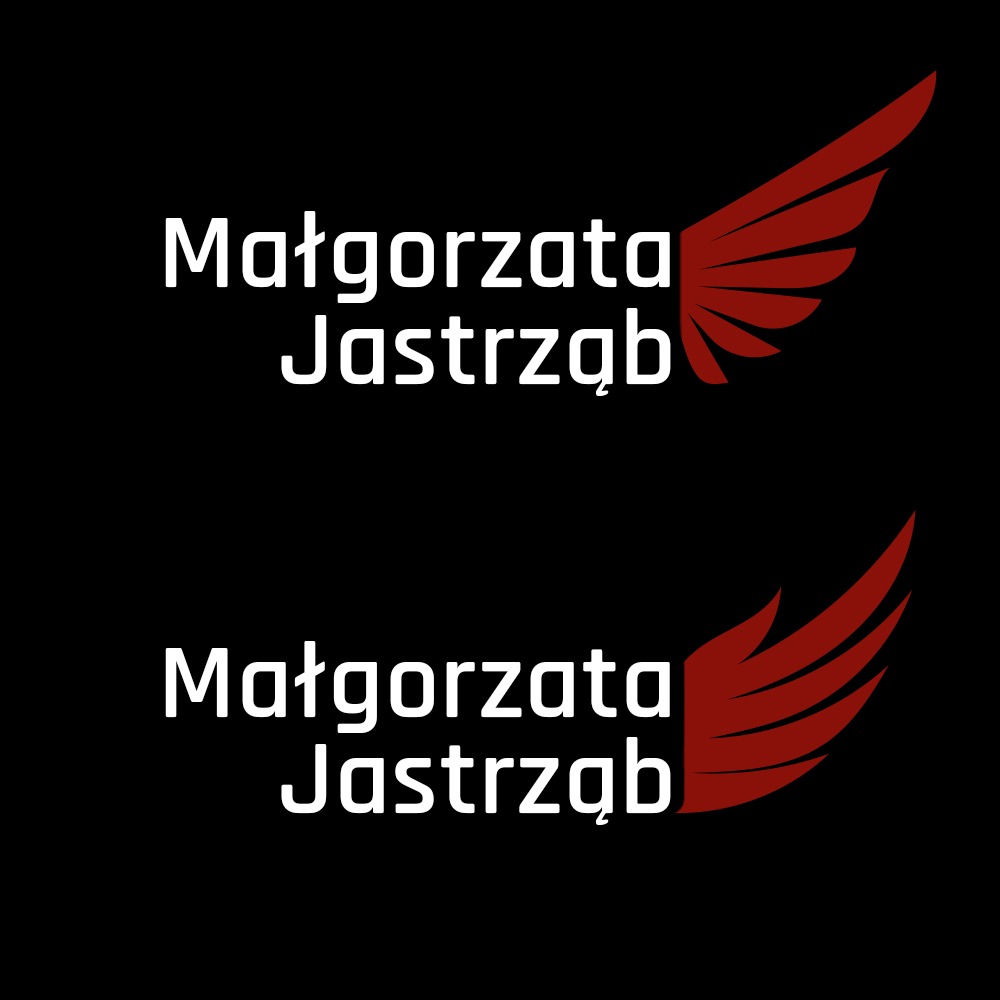 Dwa identyczne logotypy na czarnym tle: biały napis 'Małgorzata Jastrząb' z czerwonym skrzydłem po prawej stronie, stylizowane na lotki.