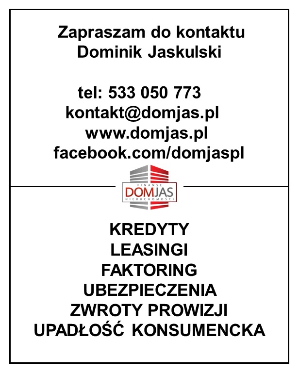 Wizytówka firmy Domjas Finanse Nieruchomości z danymi kontaktowymi: imię i nazwisko, numer telefonu, adres email, strona internetowa, profil na Facebooku oraz lista oferowanych usług: kredyty...