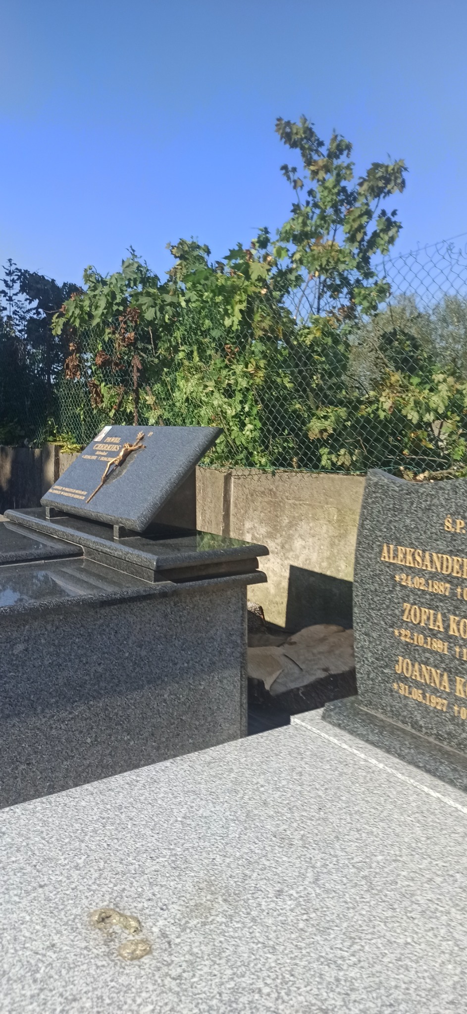 Granitowy nagrobek z krzyżem i inskrypcjami na tle zieleni i błękitnego nieba.