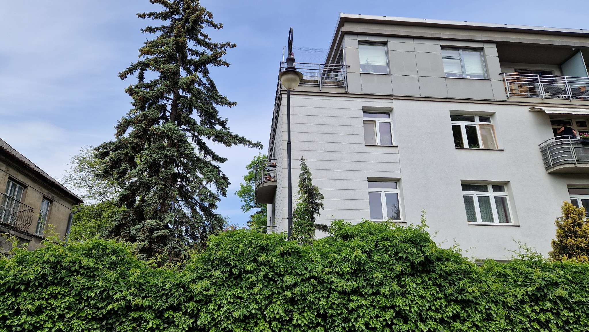 Widok na nowoczesny, wielopiętrowy budynek mieszkalny z balkonami, częściowo zasłonięty zielonym żywopłotem i wysoką sosną, oświetlony uliczną lampą.