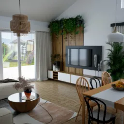 Jasne, przestronne wnętrze salonu z widokiem na plac zabaw przez duże okna, drewniany stół z owocami i designerska lampa wisząca.