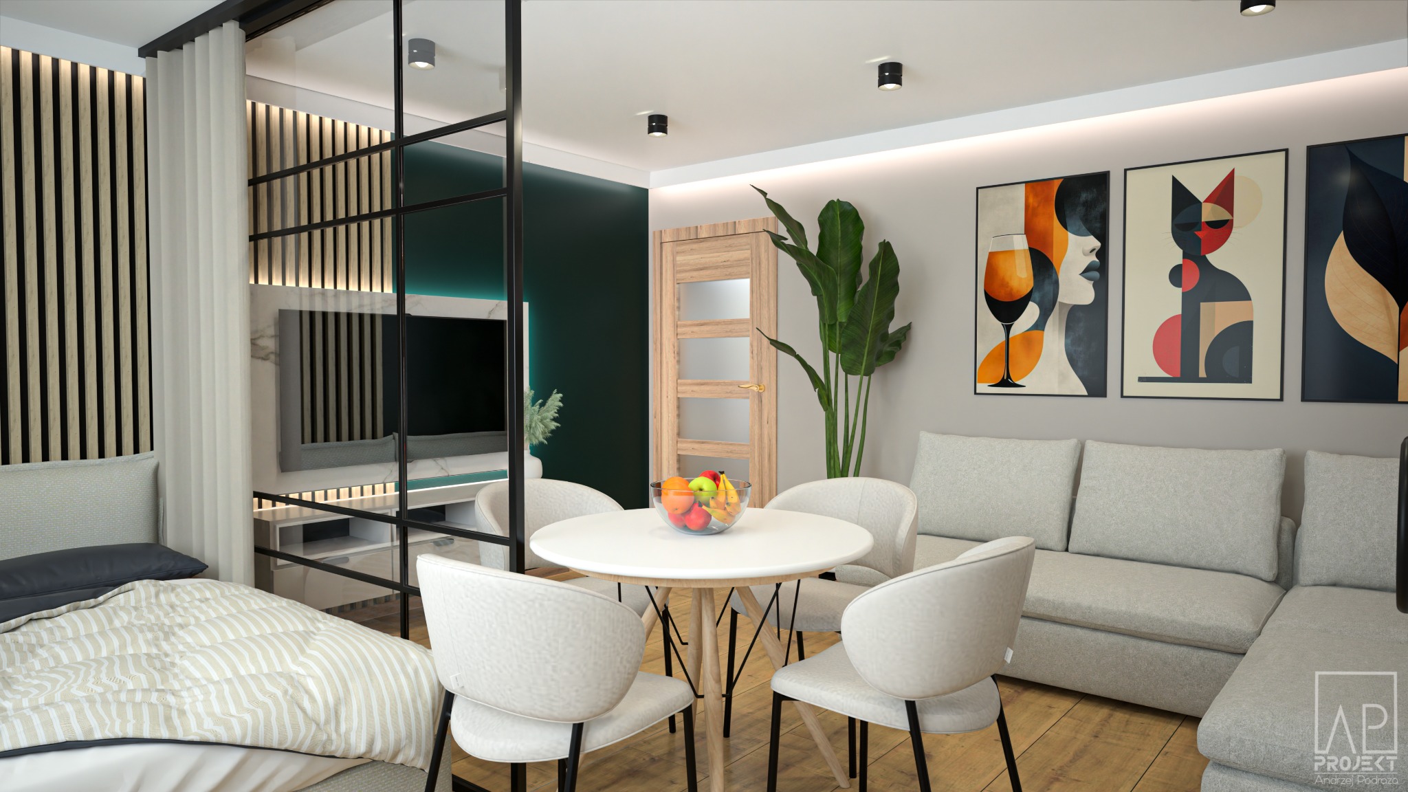 Nowoczesne wnętrze mieszkania z podziałem na strefy: sypialnia za szklaną ścianą z czarnymi szprosami, jadalnia z okrągłym stołem i krzesłami, salon z szarą sofą i abstrakcyjnymi obrazami na ścianie.