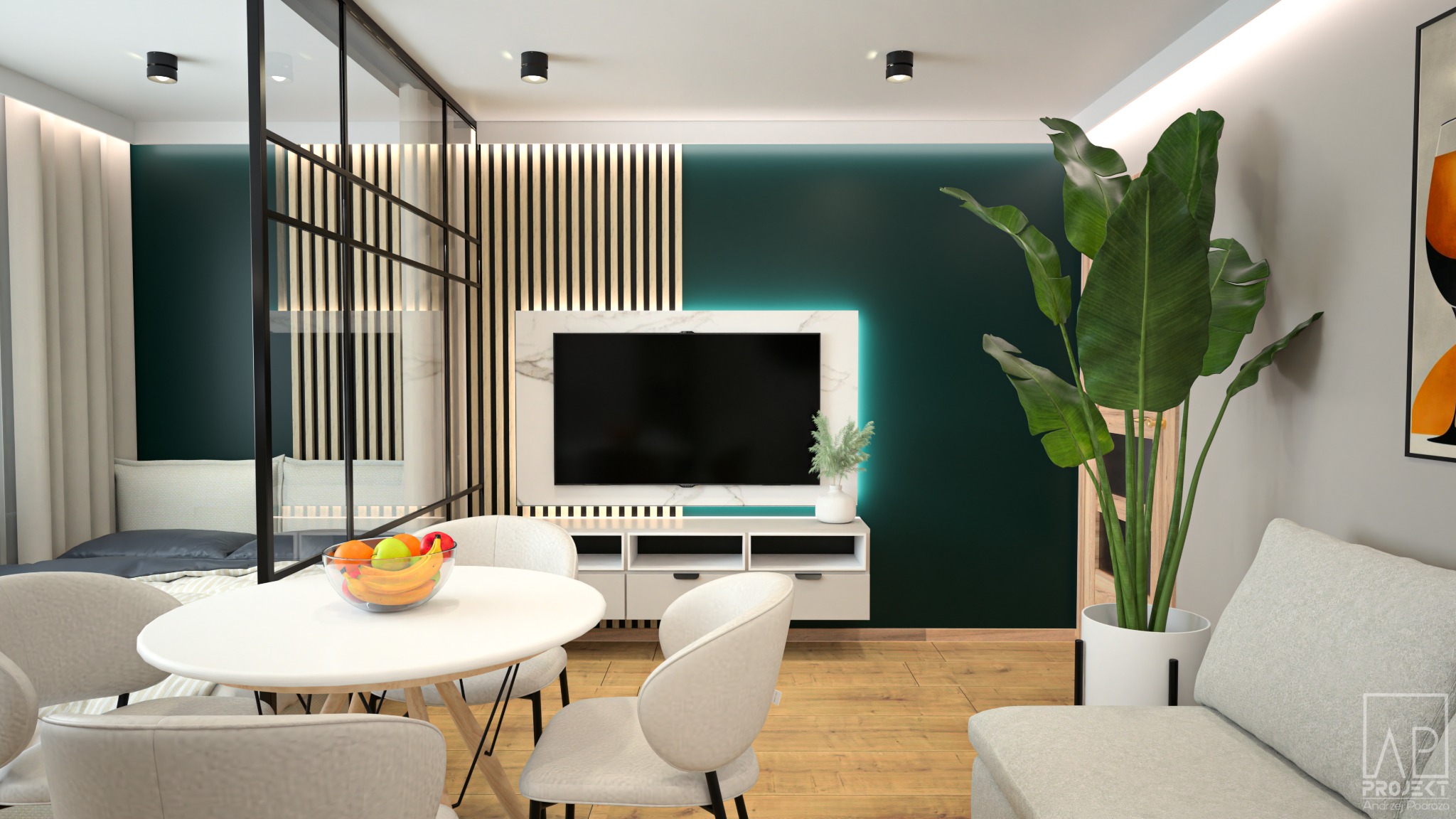 Wizualizacja nowoczesnego wnętrza mieszkania w Krosno Odrzańskie z zieloną ścianą, telewizorem podświetlonym ledami, okrągłym stołem z owocami i rośliną doniczkową.