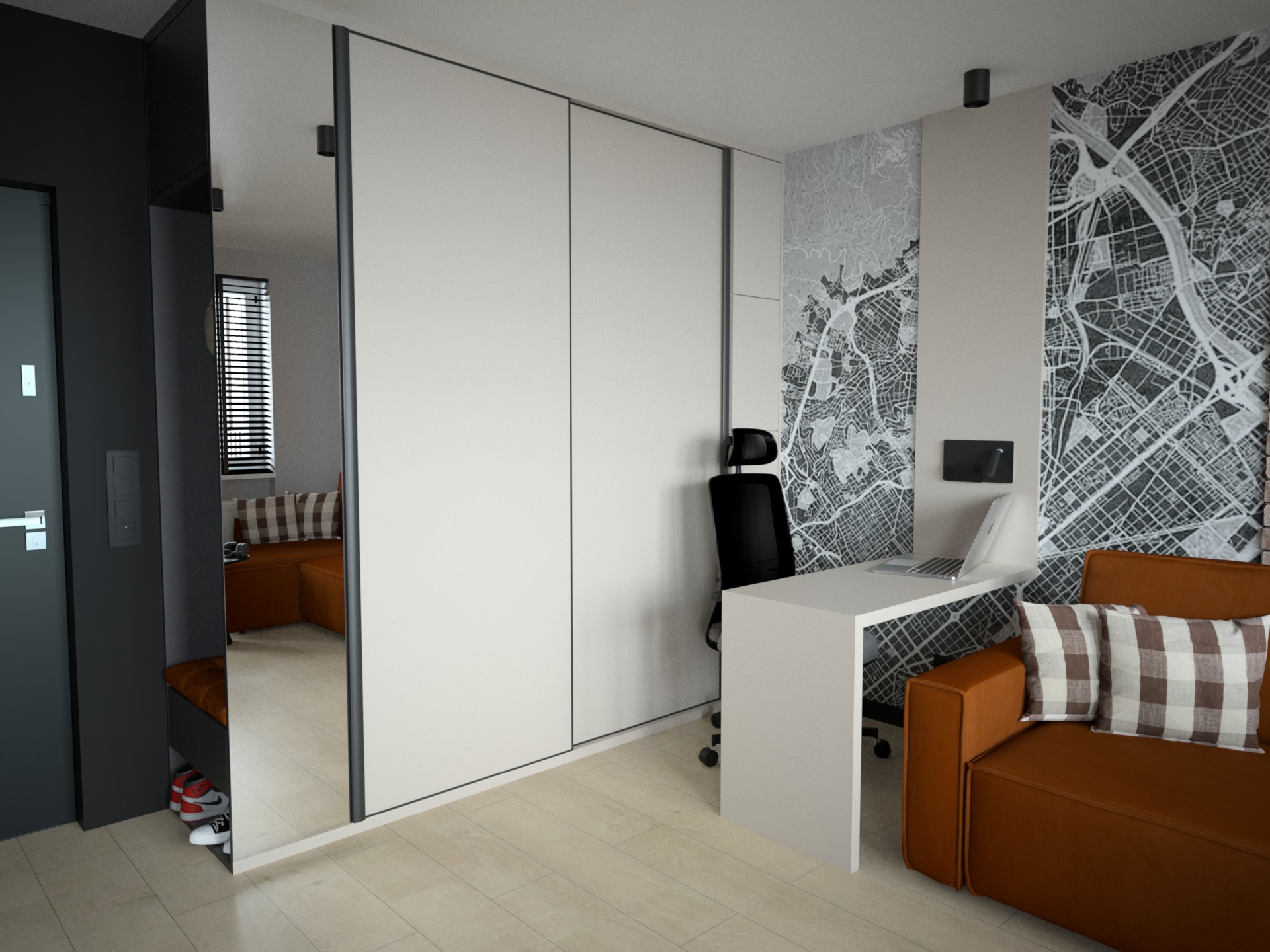 Nowoczesny pokój z biurkiem i sofą, na ścianie tapeta z motywem mapy, wbudowana szafa z lustrem odbijającym część pokoju z siedziskiem i schowkiem na buty.