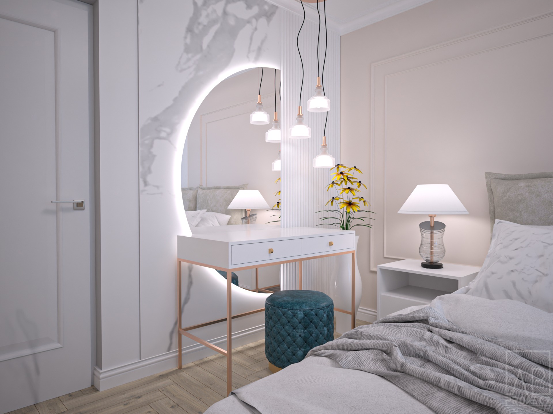 Nowoczesna sypialnia z białym biurkiem toaletowym na złotych nogach, okrągłym lustrem z podświetleniem LED, turkusowym pufem i łóżkiem z szarą narzutą, oświetlona wiszącymi lampami i lampką nocną.
