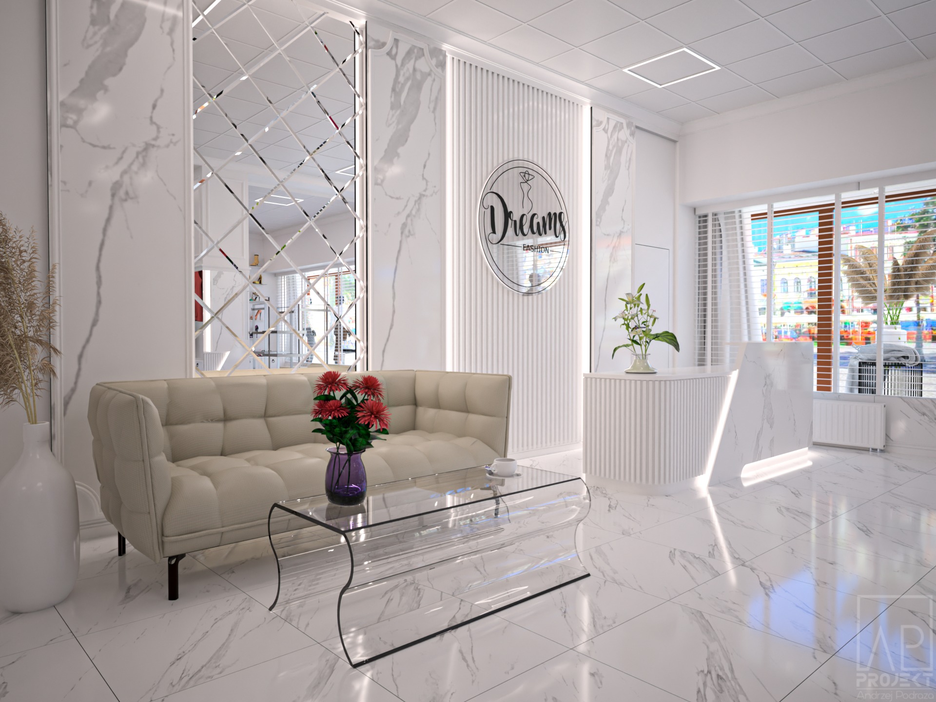 Eleganckie wnętrze poczekalni z sofą w kolorze beżowym, szklanym stolikiem kawowym, marmurowymi ścianami i lustrem z fasetami, uzupełnione kwiatami i logo Dreams Fashion.