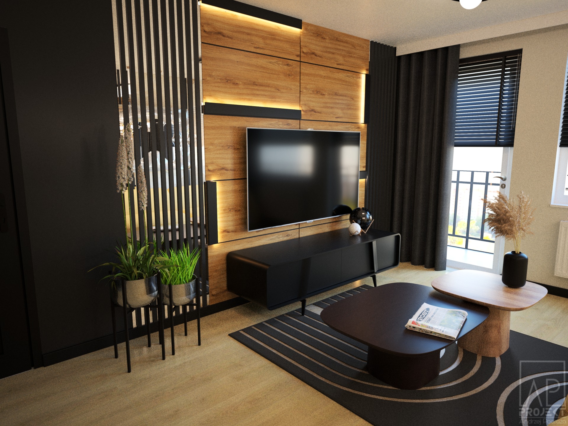 Wizualizacja salonu z drewnianą ścianą telewizyjną z podświetleniem LED, czarnym stolikiem RTV, roślinami w metalowych donicach na stojakach oraz dwoma stolikami kawowymi na dywanie w geometryczne...
