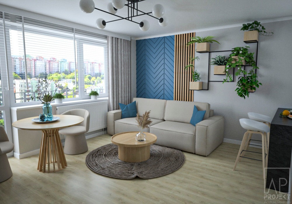 Jasne wnętrze salonu z beżową sofą, okrągłym stolikiem kawowym na plecionym dywanie, okrągłym stołem jadalnym z kwiatami i ścianą z dekoracyjnymi panelami oraz roślinami doniczkowymi