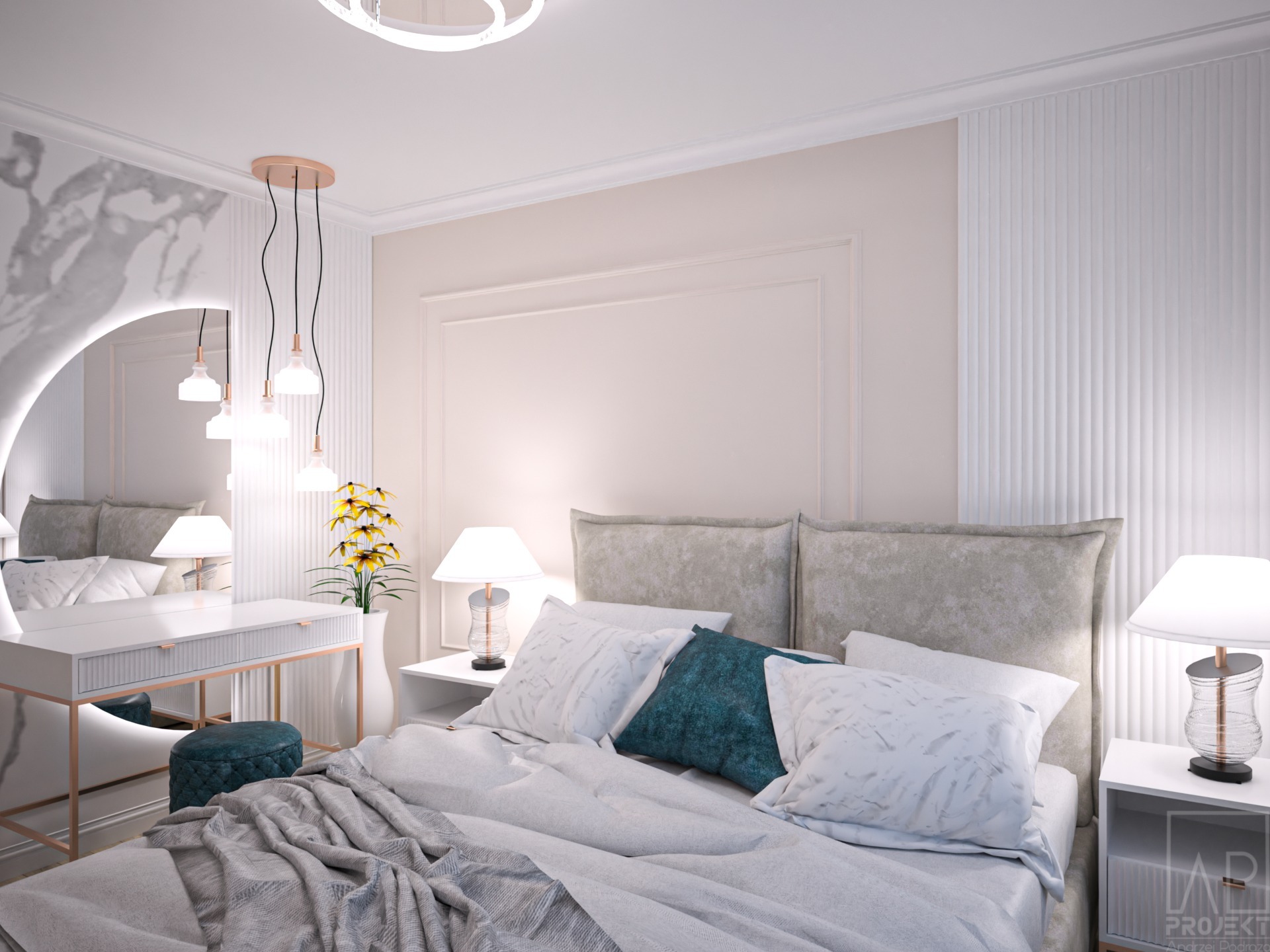 Elegancka sypialnia z toaletką z podświetlanym lustrem, kwiatami w wazonie i pufą w stylu glamour, oświetlona lampkami nocnymi.