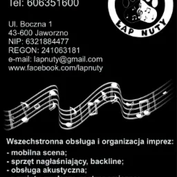 Logo firmy 'Łap Nuty' z adresem, numerem telefonu i ofertą wszechstronnej obsługi imprez, w tym sprzęt nagłaśniający i mobilna scena.