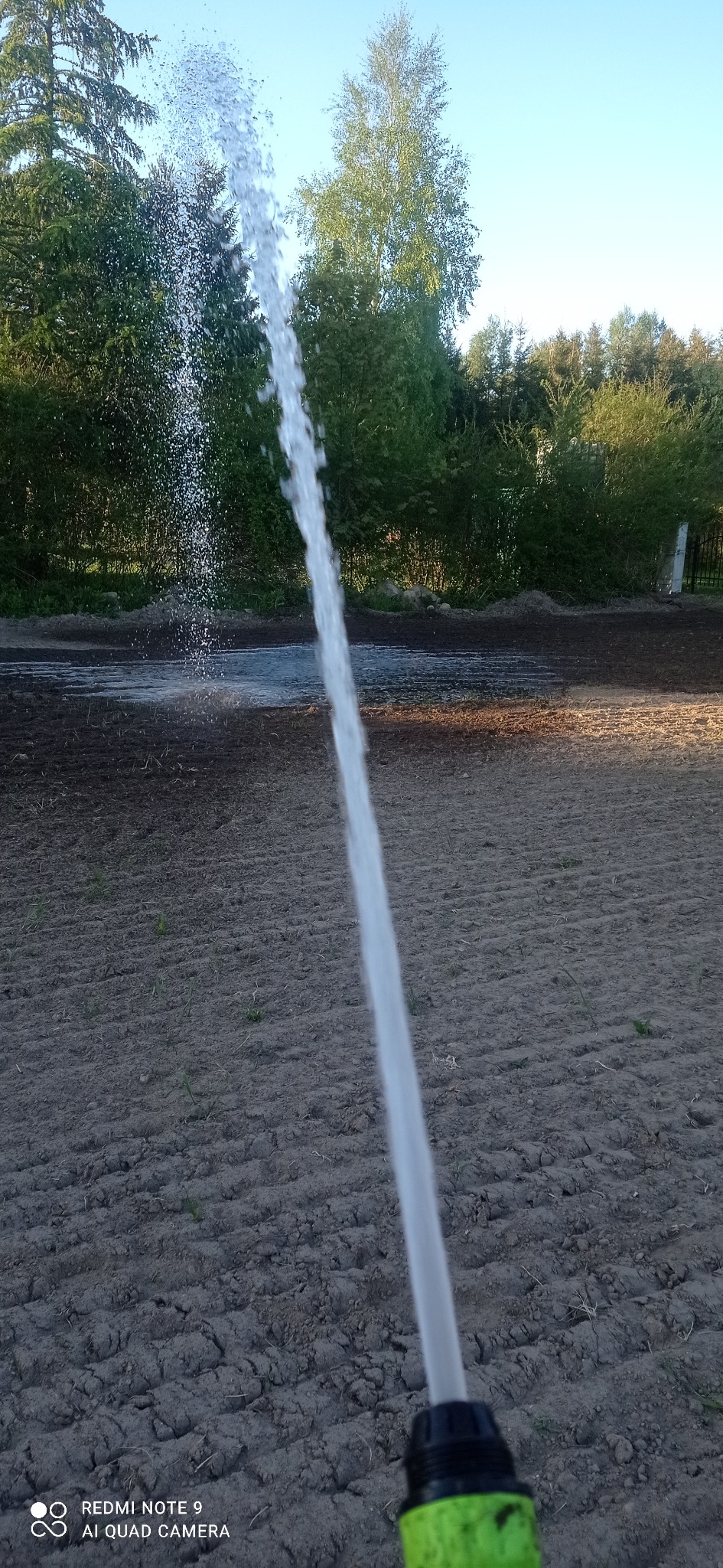 Strumień wody z węża ogrodowego, rozpryskujący się na przygotowaną glebę pod uprawy, w tle zielona roślinność i błękitne niebo.