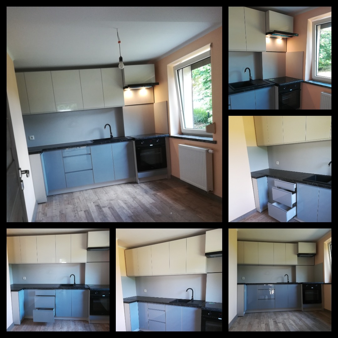 Nowoczesna kuchnia w odcieniach szarości i bieli, z czarnym blatem i armaturą, widziana z różnych perspektyw w kolażu. Widoczne otwarte szuflady, piekarnik i grzejnik pod oknem.