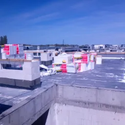 Płaski dach budynku w trakcie ocieplania, widoczne bloczki betonowe, izolacja termiczna w postaci styropianu w paczkach oraz pokrycie papą.