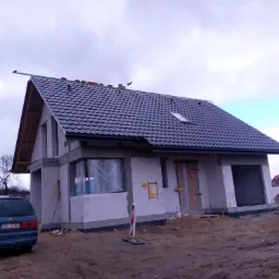 Dom w trakcie budowy z szarą dachówką, widoczne okno dachowe, elementy drewniane konstrukcji dachu, auto zaparkowane obok.