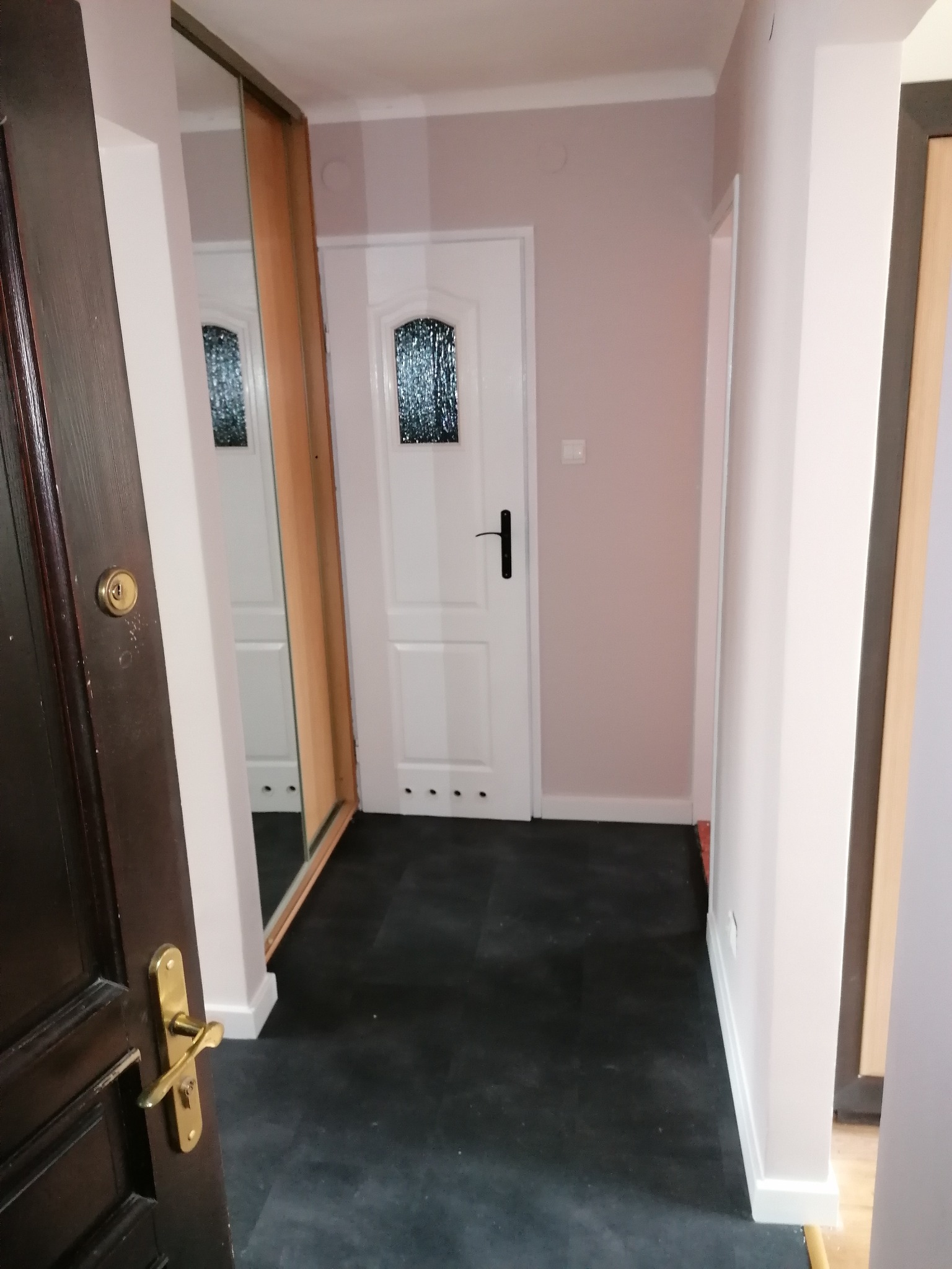 Korytarz po remoncie z ciemną podłogą, białymi ścianami i drzwiami, widoczny fragment szafy z lustrzanymi drzwiami, oraz otwarte, ciemne drzwi wejściowe z mosiężną klamką. Ściany pomalowane...